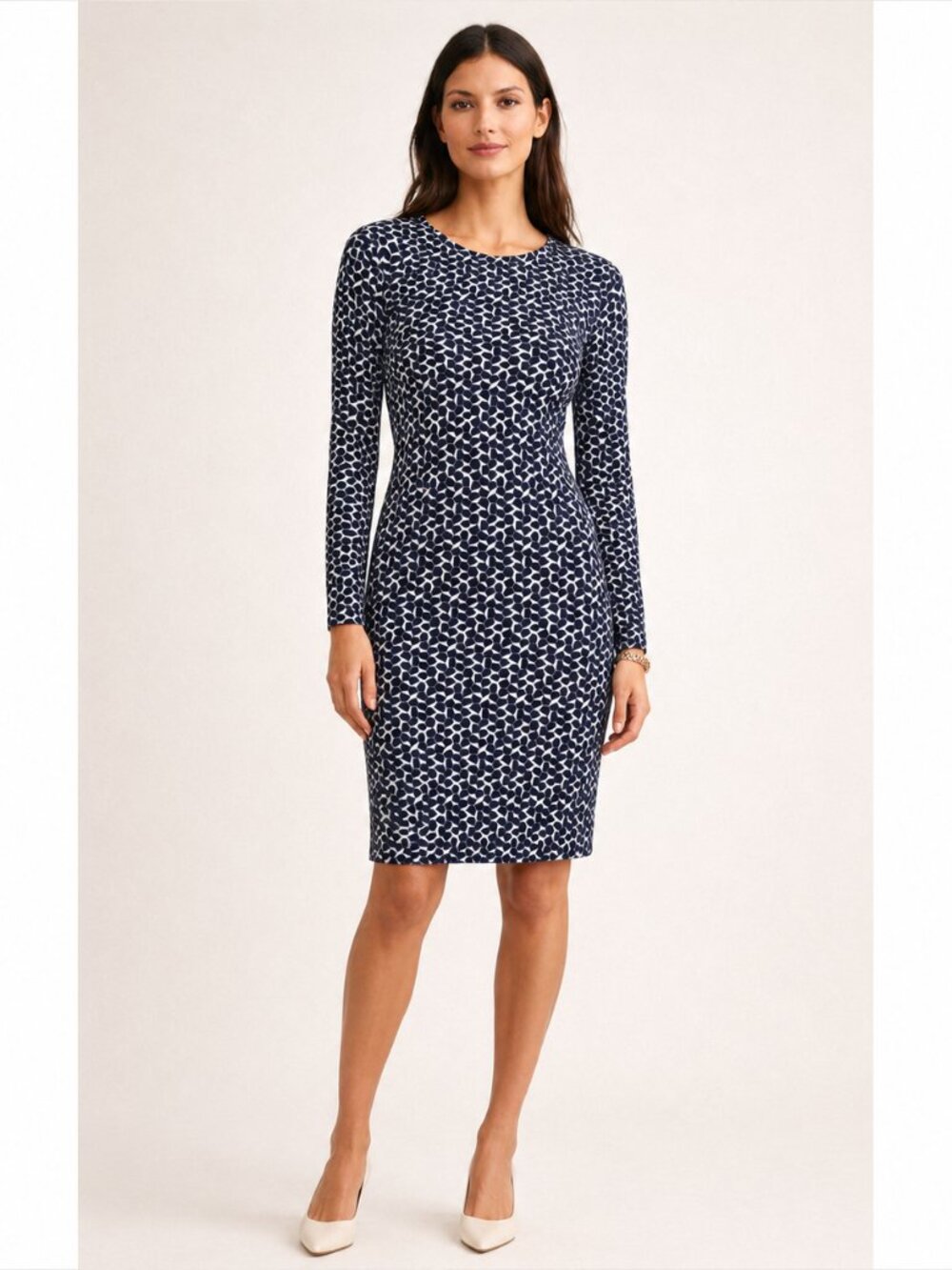 Tory Burch Navy & Ivory Geometric Print Long Sleeve Dress